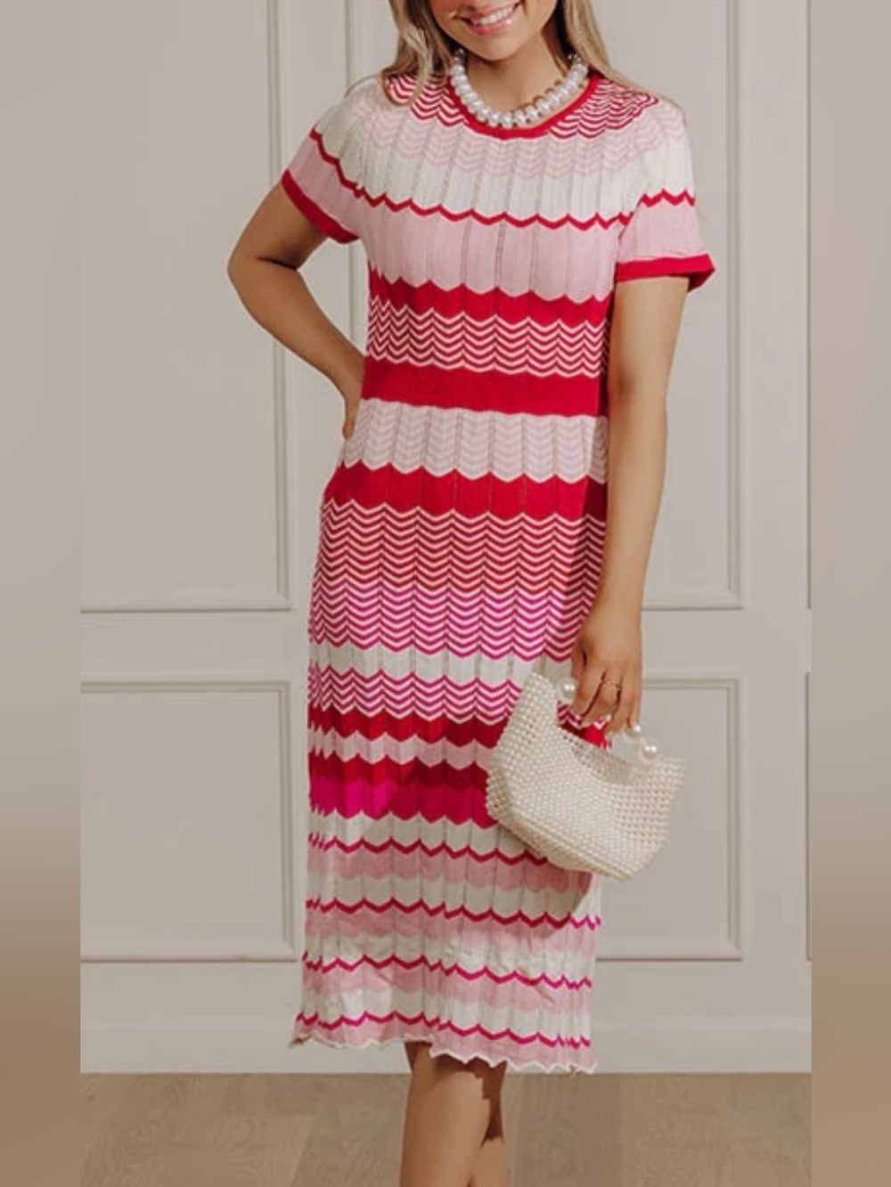 Striped Knit Midi Dress in Pink and Red